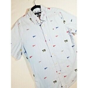 Tommy Hilfiger Button Down Shirt Med Mens Short Sleeve Stripe Red White Blue USA